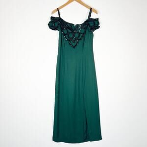 Vintage 90s Niki Originals Emerald Green Beaded Sequin Gown Dress Womens 8